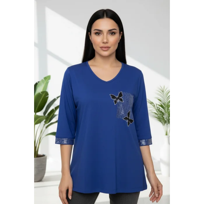 Kadın LACİVERT  V Yaka Göğsü Çift Kelebek Kristal Taşlı Likralı Büyük Beden Buluz