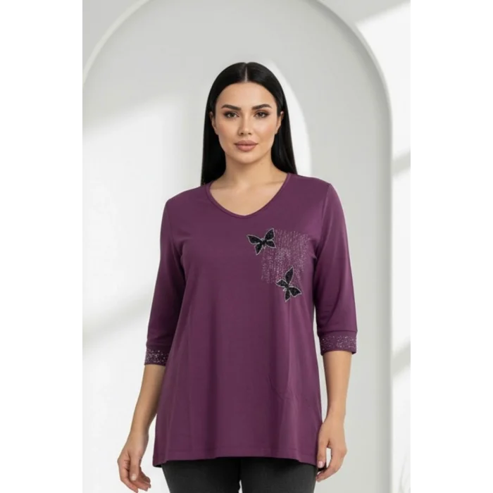 Kadın MÜRDÜM V Yaka Göğsü Çift Kelebek Kristal Taşlı Likralı Büyük Beden Buluz