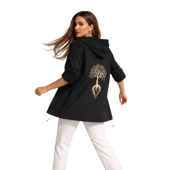 Kadın Siyah Kapüşonlu Sırtı Hayat Ağacı Nakışlı Pamuk Keten Kumaş Katlamalı Uzun Kol Gömlek Ceket