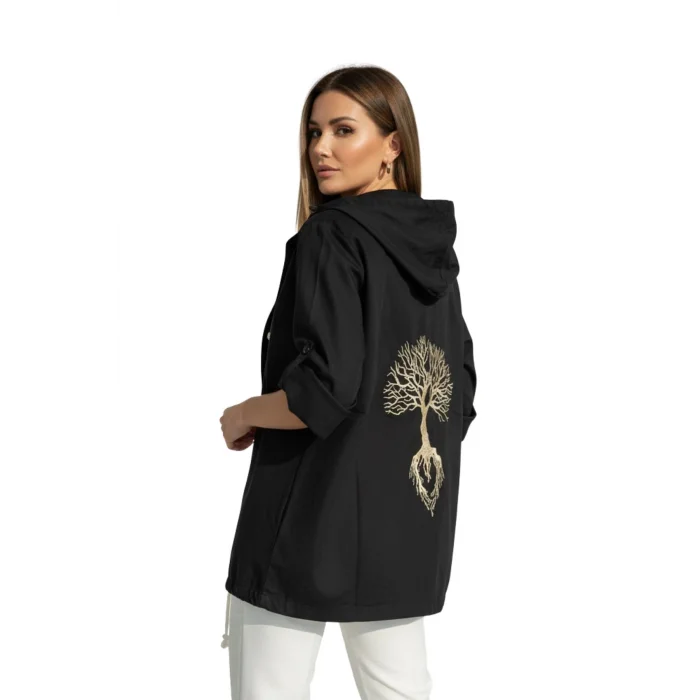 Kadın Siyah Kapüşonlu Sırtı Hayat Ağacı Nakışlı Pamuk Keten Kumaş Katlamalı Uzun Kol Gömlek Ceket
