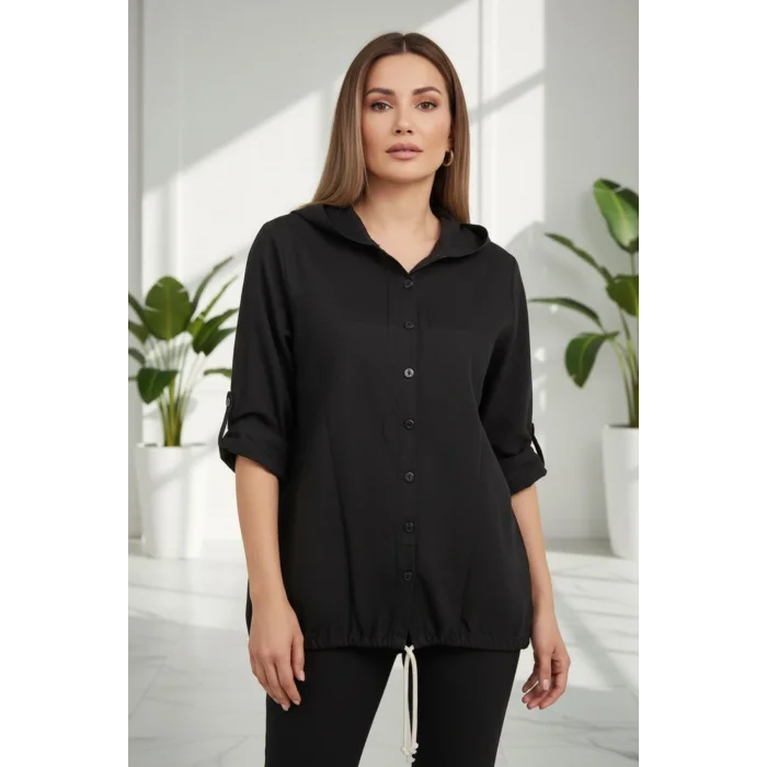 Kadın Siyah Kapüşonlu Sırtı Hayat Ağacı Nakışlı Pamuk Keten Kumaş Katlamalı Uzun Kol Gömlek Ceket