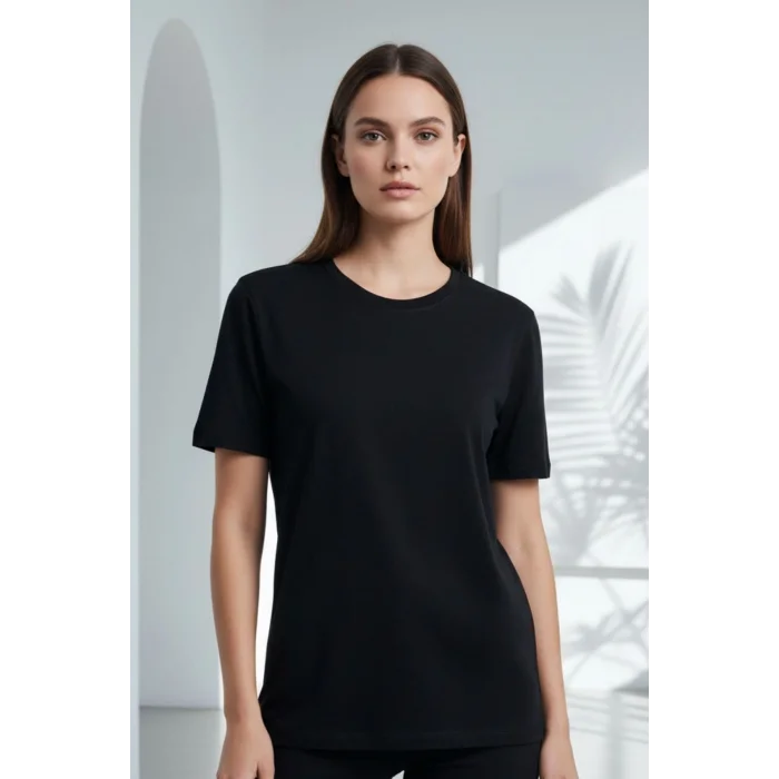 Kadın Siyah Bisiklet Yaka Büyük Beden Basic Likralı Pamuk Viskon Penye Buluz