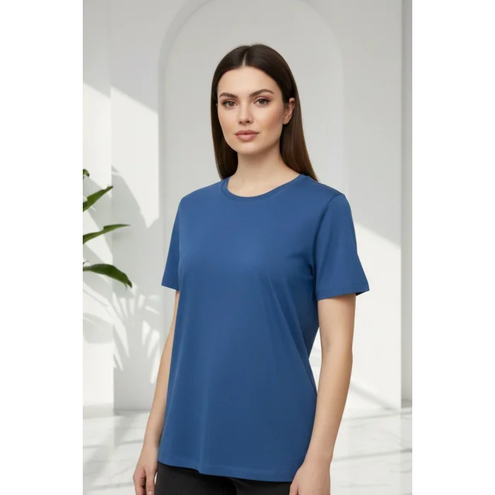 Kadın İNDİGO MAVİ Bisiklet Yaka Büyük Beden Basic Likralı Pamuk Viskon Penye Buluz