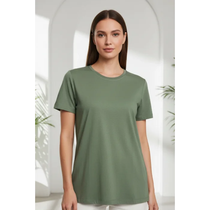 Kadın YEŞİL Bisiklet Yaka Büyük Beden Basic Likralı Pamuk Viskon Penye Buluz