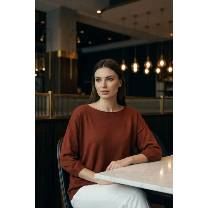 Kadın Tarçın Renk Kayık Yaka Likralı % 100 PAMUK İPLİK İnce Triko Bluz