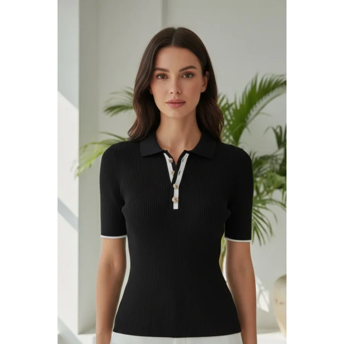 Kadın Siyah Polo Yaka Çıtçıtlı Yarım Patlı Likralı İnce Tiriko Bluz