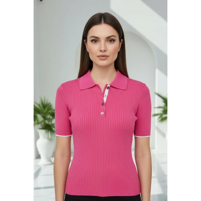 Kadın Pembe Polo Yaka Çıtçıtlı Yarım Patlı Likralı İnce Tiriko Bluz
