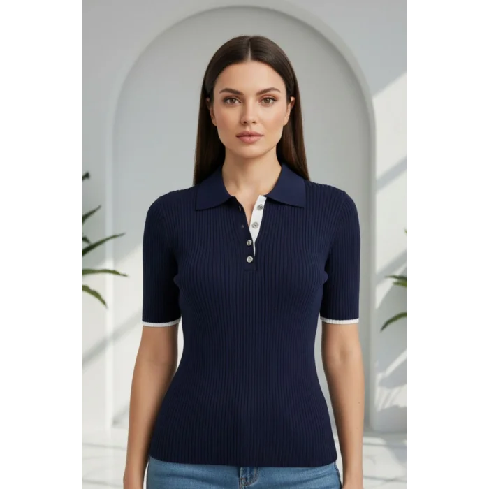 Kadın Lacivert Polo Yaka Çıtçıtlı Yarım Patlı Likralı İnce Tiriko Bluz