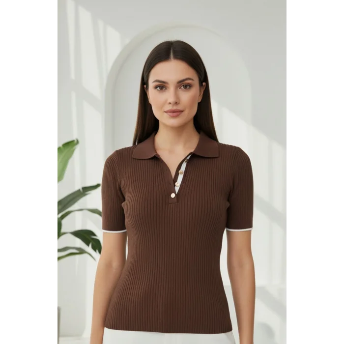 Kadın Kahve Polo Yaka Çıtçıtlı Yarım Patlı Likralı İnce Tiriko Bluz