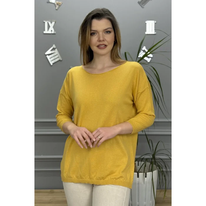 Kadın Sarı Kayık Yaka Likralı % 100 PAMUK İPLİK İnce Triko Bluz