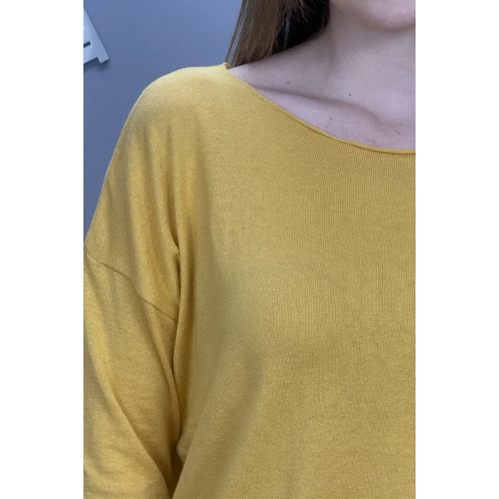 Kadın Sarı Kayık Yaka Likralı % 100 PAMUK İPLİK İnce Triko Bluz