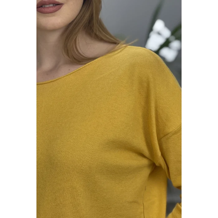 Kadın Sarı Kayık Yaka Likralı % 100 PAMUK İPLİK İnce Triko Bluz