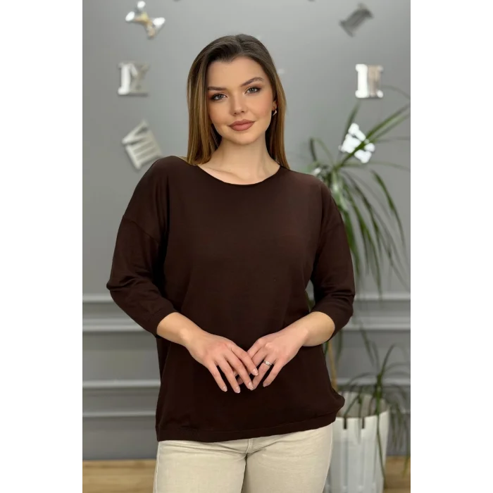 Kadın Koyu Kahverengi Kayık Yaka Likralı % 100 PAMUK İPLİK İnce Triko Bluz