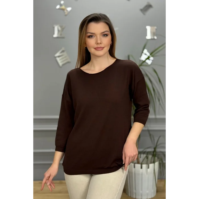 Kadın Koyu Kahverengi Kayık Yaka Likralı % 100 PAMUK İPLİK İnce Triko Bluz