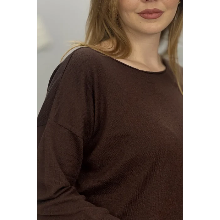 Kadın Koyu Kahverengi Kayık Yaka Likralı % 100 PAMUK İPLİK İnce Triko Bluz