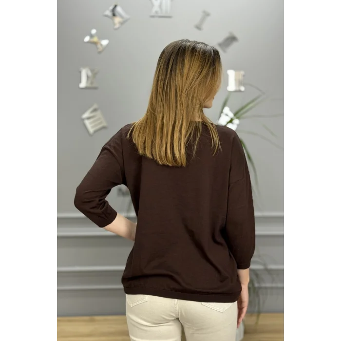 Kadın Koyu Kahverengi Kayık Yaka Likralı % 100 PAMUK İPLİK İnce Triko Bluz