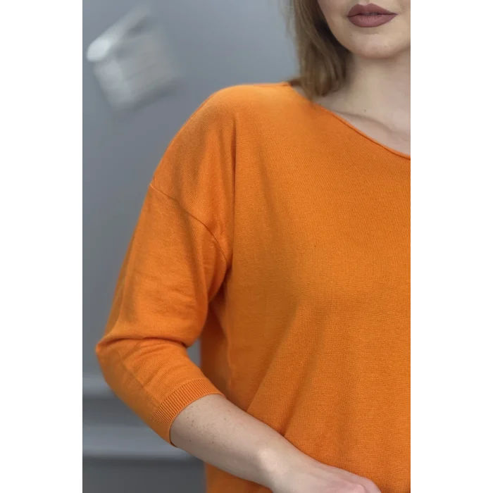 Kadın Turuncu Kayık Yaka Likralı % 100 PAMUK İPLİK İnce Triko Bluz