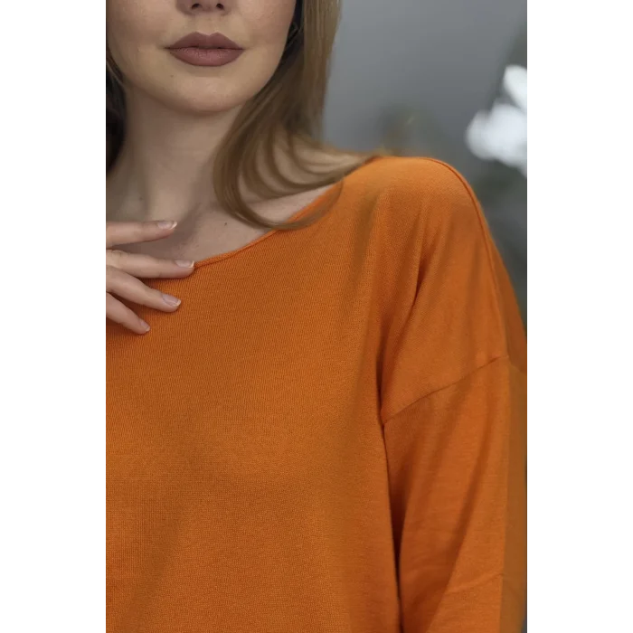 Kadın Turuncu Kayık Yaka Likralı % 100 PAMUK İPLİK İnce Triko Bluz