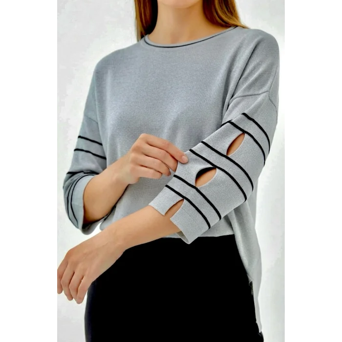 Kadın GIRİ Bisiklet Yaka Kol Ve Eteği Yırtmaçlı Likralı Yumuşak Dokulu Simli İnce Merserize Triko