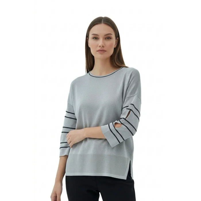 Kadın GIRİ Bisiklet Yaka Kol Ve Eteği Yırtmaçlı Likralı Yumuşak Dokulu Simli İnce Merserize Triko