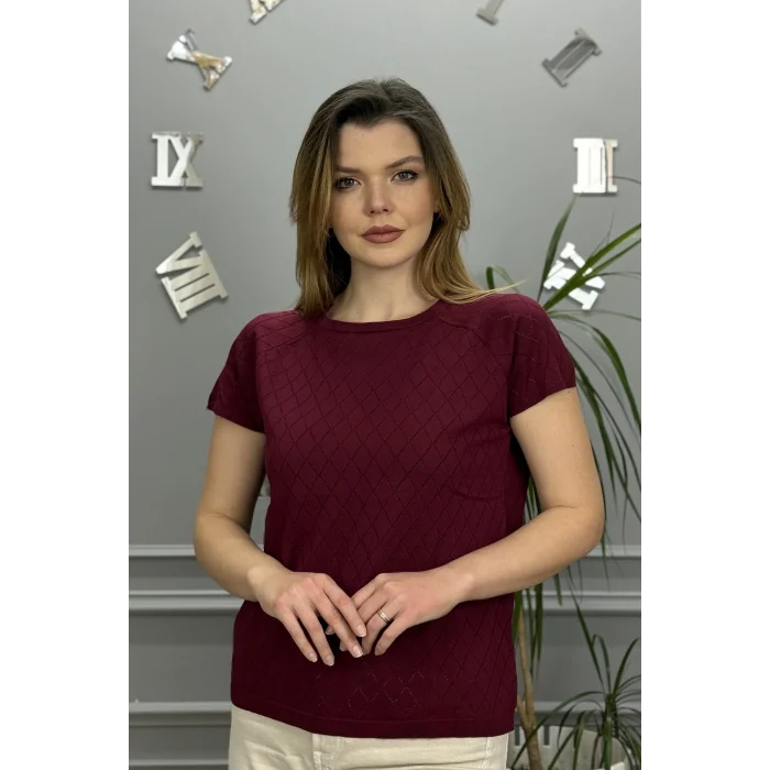 Kadın Büyük Beden BORDO Bisiklet Yaka Baklava Desenli Likralı Soğuk İplik Örgü İnce Triko Bluz