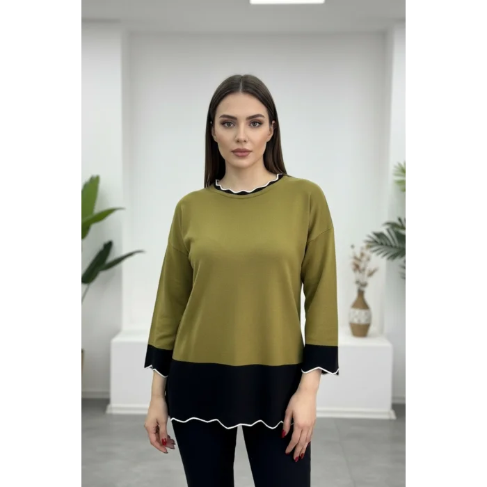 Kadın Yağ Yeşili Bisiklet Yaka Etek Ve Kol Ucu Garnili Biyeli SİMLİ Likralı İnce Tiriko