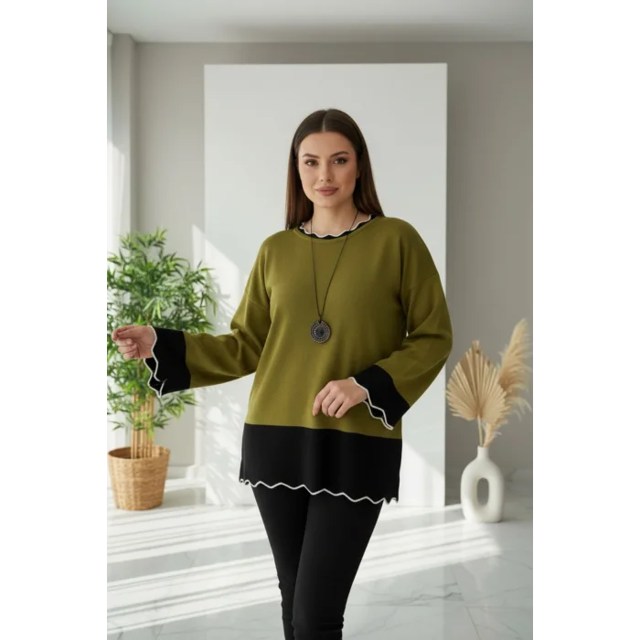 Kadın Yağ Yeşili Bisiklet Yaka Etek Ve Kol Ucu Garnili Biyeli SİMLİ Likralı İnce Tiriko