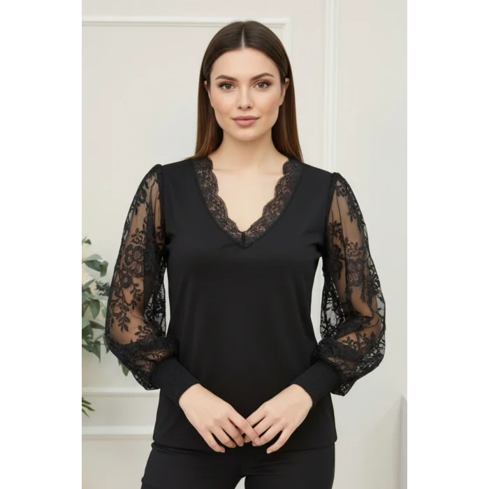 Kadın Siyah V Yaka Kollar Tül Yaka Dantelli Likralı Bluz