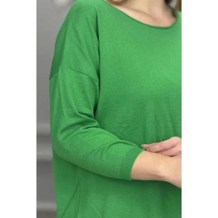 Kadın Yeşil Kayık Yaka Likralı % 100 PAMUK İPLİK İnce Triko Bluz