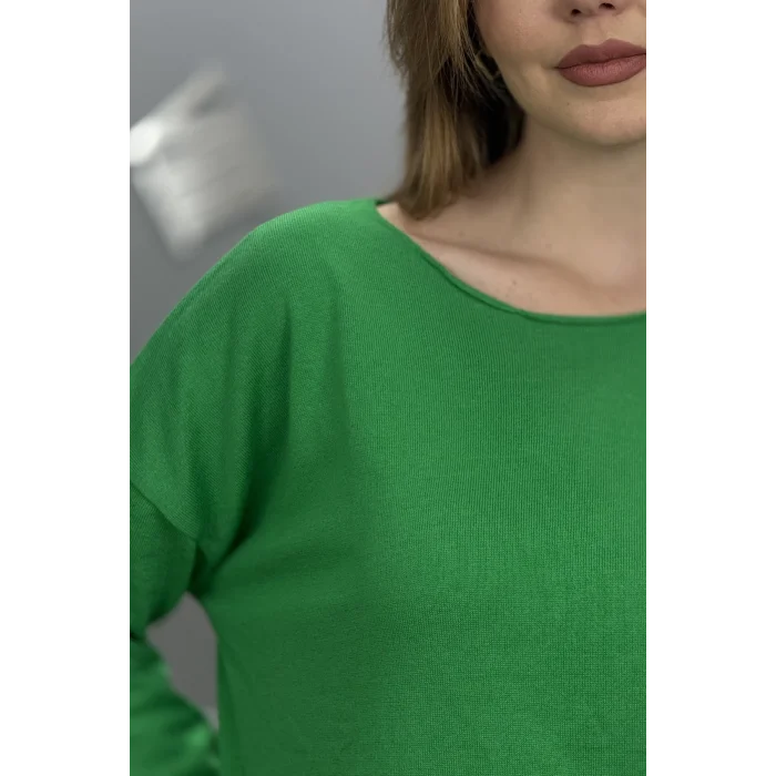 Kadın Yeşil Kayık Yaka Likralı % 100 PAMUK İPLİK İnce Triko Bluz