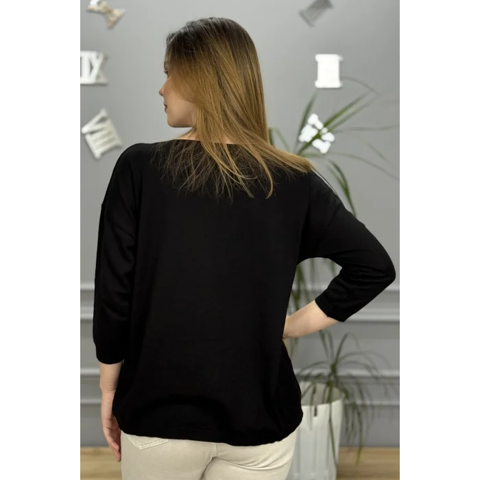 Kadın Siyah Kayık Yaka Likralı % 100 PAMUK İPLİK İnce Triko Bluz