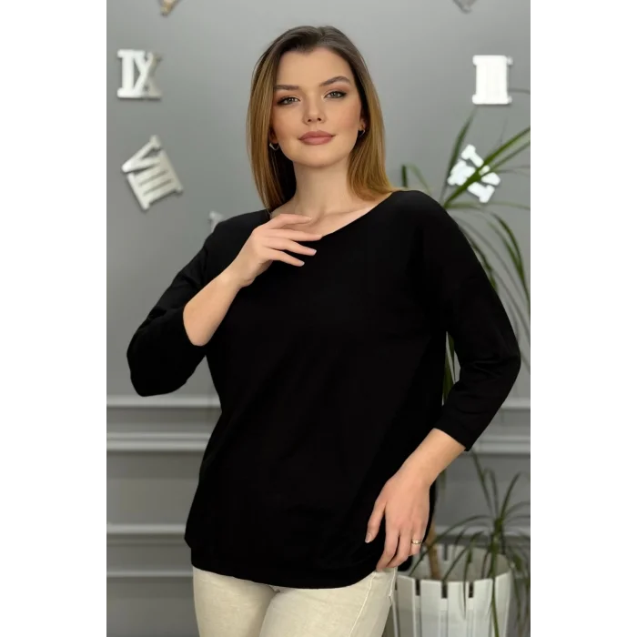 Kadın Siyah Kayık Yaka Likralı % 100 PAMUK İPLİK İnce Triko Bluz