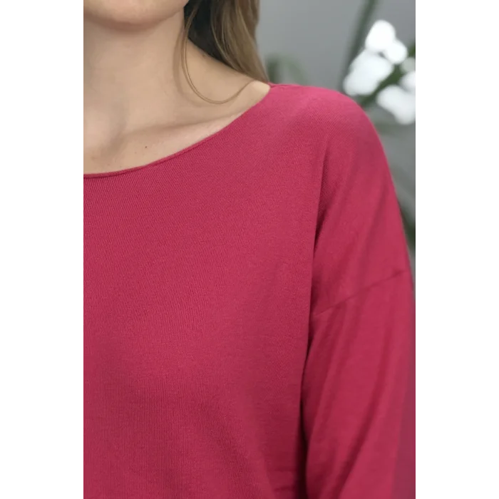 Kadın Fuşya Pembe Kayık Yaka Likralı % 100 PAMUK İPLİK İnce Triko Bluz