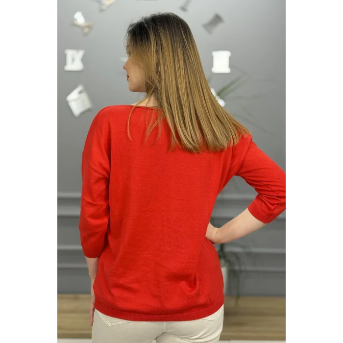 Kadın NAR ÇİÇEĞİ Kayık Yaka Likralı % 100 PAMUK İPLİK İnce Triko Bluz