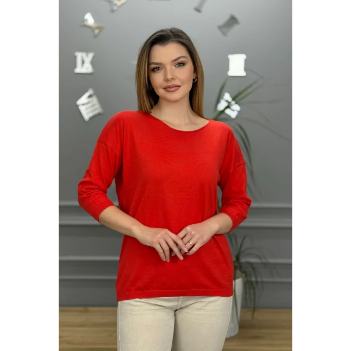 Kadın NAR ÇİÇEĞİ Kayık Yaka Likralı % 100 PAMUK İPLİK İnce Triko Bluz