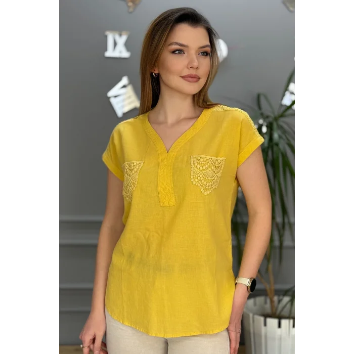 Kadın Sarı Omzu Ve Cebi Güpürlü Keten Kumaş Kısa Kol Buluz Gömlek