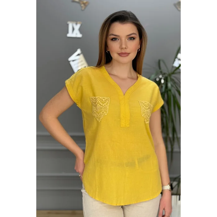 Kadın Sarı Omzu Ve Cebi Güpürlü Keten Kumaş Kısa Kol Buluz Gömlek