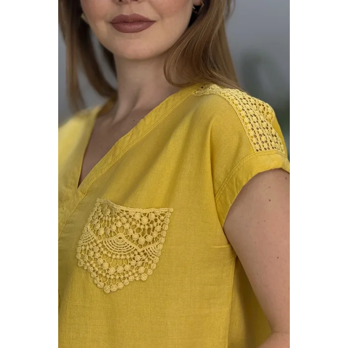 Kadın Sarı Omzu Ve Cebi Güpürlü Keten Kumaş Kısa Kol Buluz Gömlek