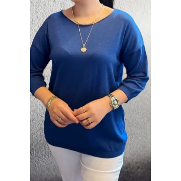 Kadın Lacivert Kayık Yaka Likralı İnce % 100 PAMUK İPLİK Triko Bluz