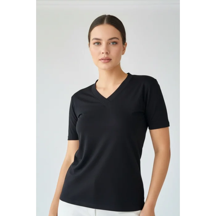 Kadın Siyah V Yaka Kısa Kol Likralı Pamuk Vizkon Kumaş Bluz