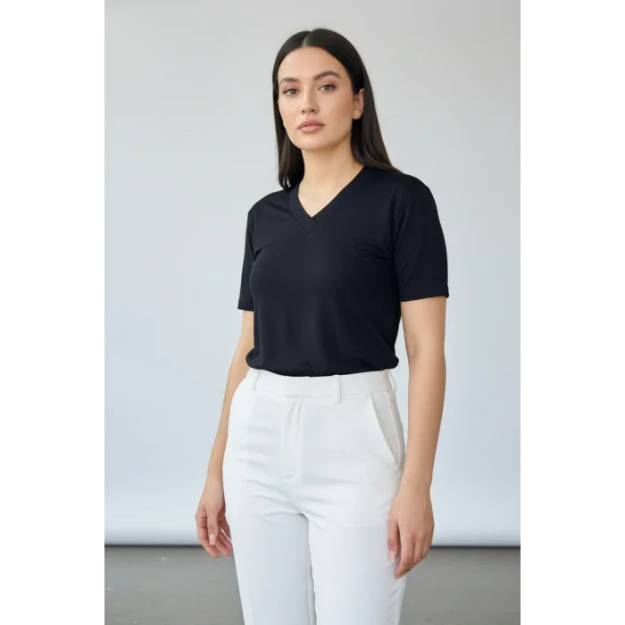 Kadın Siyah V Yaka Kısa Kol Likralı Pamuk Vizkon Kumaş Bluz