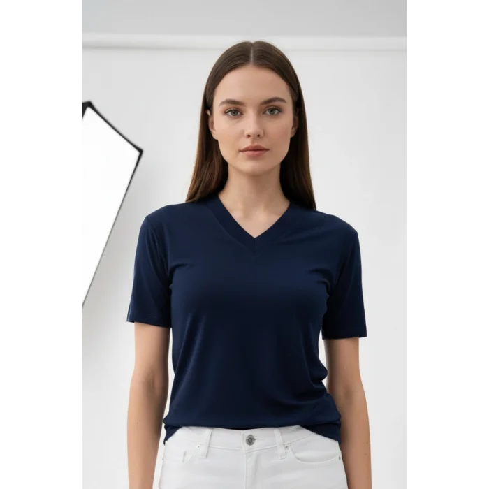 Kadın Lacivert V Yaka Kısa Kol Likralı Pamuk Vizkon Kumaş Bluz