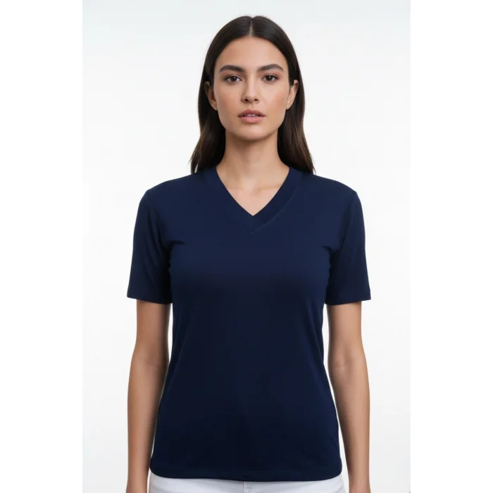 Kadın Lacivert V Yaka Kısa Kol Likralı Pamuk Vizkon Kumaş Bluz