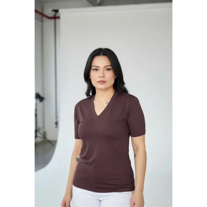 Kadın KAHVE  V Yaka Kısa Kol Likralı Pamuk Vizkon Kumaş Bluz