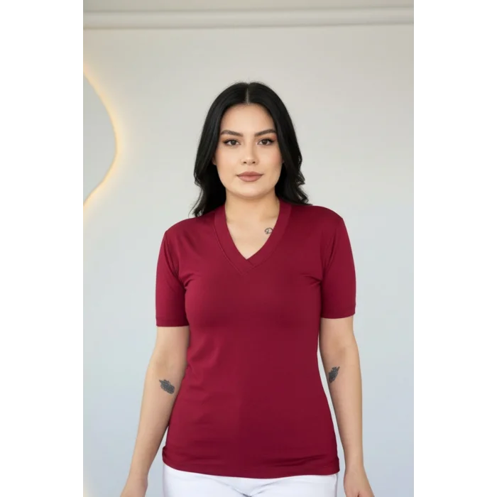 Kadın BORDO V Yaka Kısa Kol Likralı Pamuk Vizkon Kumaş Bluz