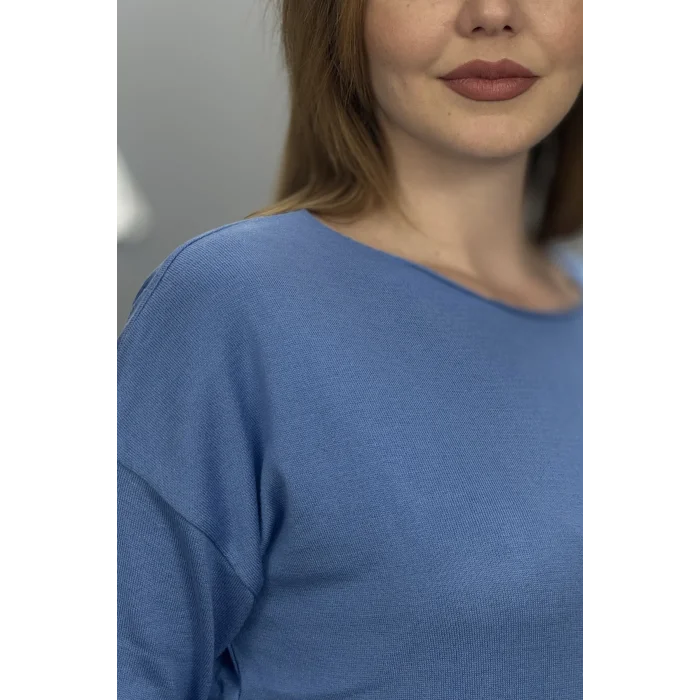 Kadın Açık Mavi Kayık Yaka Likralı % 100 PAMUK İPLİK İnce Triko Bluz