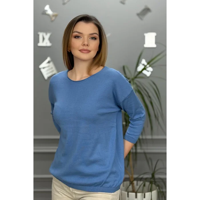 Kadın Açık Mavi Kayık Yaka Likralı % 100 PAMUK İPLİK İnce Triko Bluz