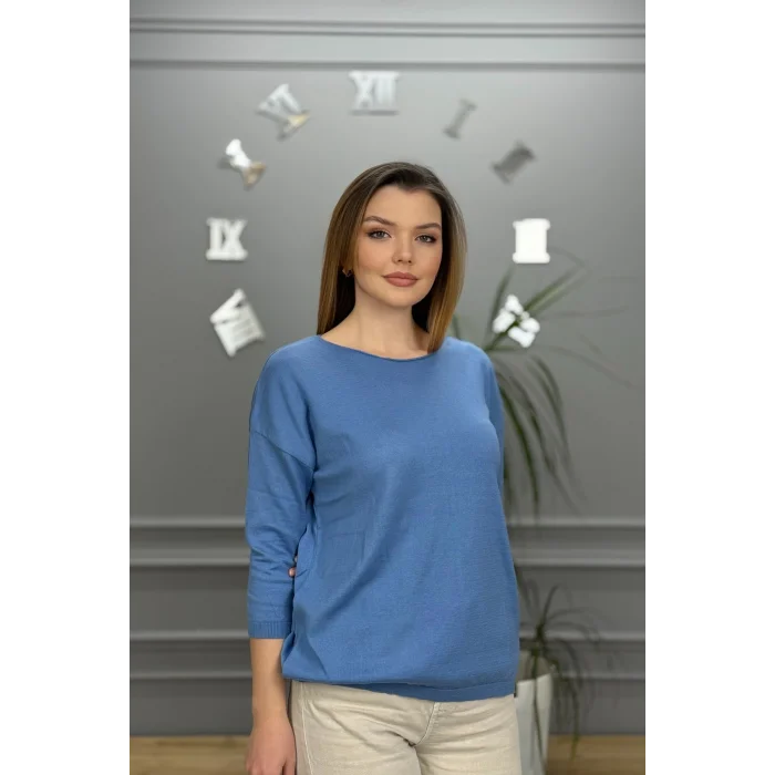 Kadın Açık Mavi Kayık Yaka Likralı % 100 PAMUK İPLİK İnce Triko Bluz