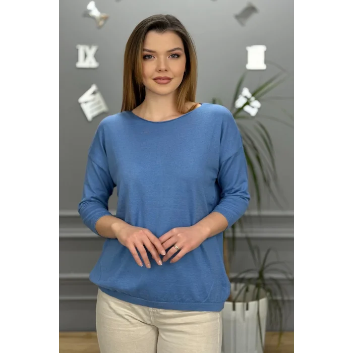 Kadın Açık Mavi Kayık Yaka Likralı % 100 PAMUK İPLİK İnce Triko Bluz