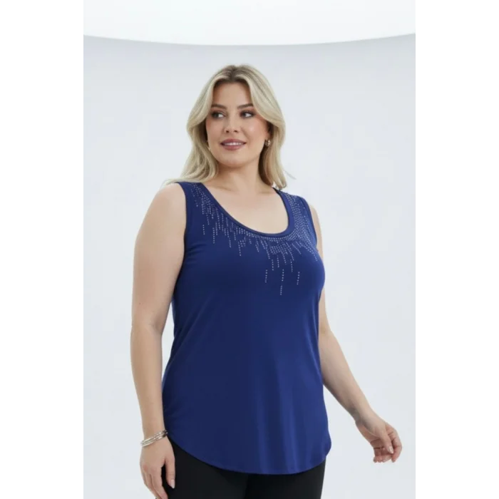 Kadın Lacivert U Yaka Büyük Beden Yakası Taş İşlemeli Likralı Buluz